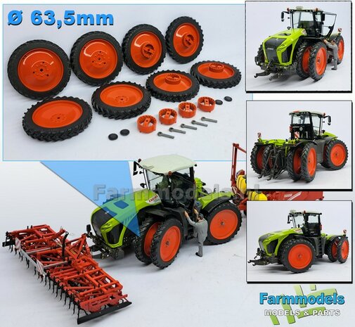 Claas Xerion 8x Dubbellucht Cultuurbanden set &Oslash; 63.5 x 9.5mm + CLAAS ORANJE VELGEN + MOLCON koppelringen en toebehoren  1:32