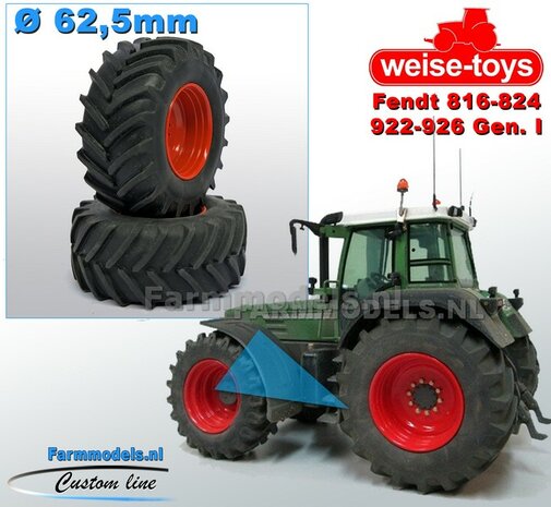 Fendt 824/ 926 Gen I: 2x Brede Banden &Oslash; 62.5 x 27.7 mm + ALUMINIUM velgen FENDT ROOD Gespoten Geleverd 1:32 Farmmodels Custom Line Series