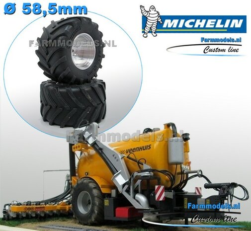 2x Michelin MEGA-Xbib 1050/50 R32 banden &Oslash; 58.5 x 33.3 mm + ALUMINIUM velgen BLANK geleverd UNIVERSEEL past op &Oslash; 3mm as 1:32  Farmmodels Custom Line Series                