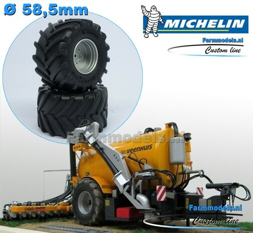 2x Michelin MEGA-Xbib 1050/50 R32 banden &Oslash; 58.5 x 33.3 mm + Alu. Velgen ALUMINIUM METALIC gespoten, past op &Oslash; 3mm as 1:32  Farmmodels Custom Line Series                