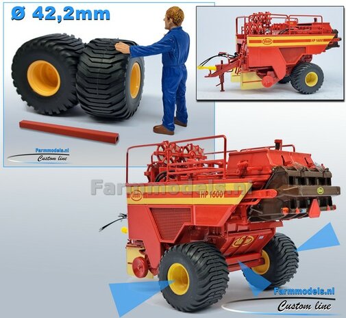 Vicon HP 1600: 2x Trelleborg banden &quot;WIDE&quot; &Oslash; 42.2 mm met Resin Velgen VICON CREME gespoten + POLYSTYREEN PROFIEL 4x4x54mm VICON ROOD geleverd 1:32   Farmmodels Custom Line Series  