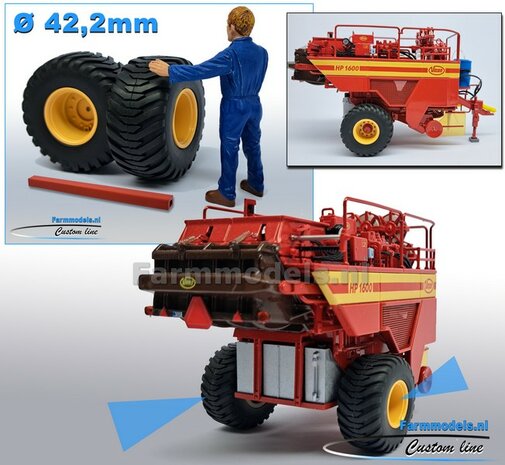 Vicon HP 1600: 2x Trelleborg banden &quot;NORMAL&quot; &Oslash; 42.2 mm met Resin Velgen VICON CREME gespoten + POLYSTYREEN PROFIEL 4x4x54mm VICON ROOD geleverd 1:32   Farmmodels Custom Line Series  