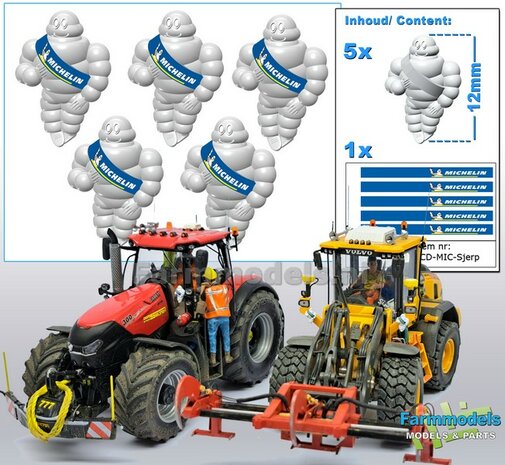 5x Michelin pop/ Bibendum 12 mm inclusief 5x MICHELIN SJERP Pr&eacute;-Cut Decals    Resin WIT SEMI GLANS Gespoten geleverd 1:32