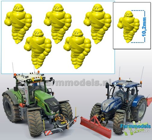 5x Michelin pop/ Bibendum 10.2 mm  (ook geschikt voor schaal 1:43)  Resin FEL GEEL Gespoten geleverd 1:32