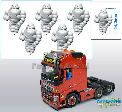 5x Michelin pop/ Bibendum 14.2 mm  Resin WIT SEMI  GLANS Gespoten geleverd 1:32