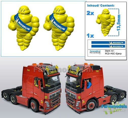 2x Michelin pop/ Bibendum 13.5 mm inclusief 2x MICHELIN SJERP Pr&eacute;-Cut Decals    Resin FEL GEEL Gespoten geleverd 1:32