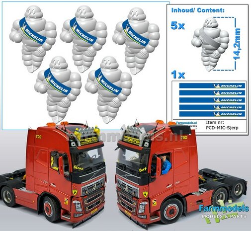 5x Michelin pop/ Bibendum 14.2mm inclusief 5x MICHELIN SJERP Pr&eacute;-Cut Decals    Resin WIT SEMI GLANS Gespoten geleverd 1:32