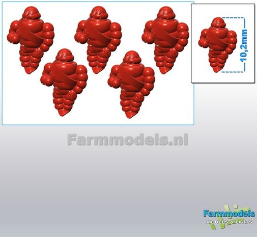 5x Michelin pop/ Bibendum 10.2 mm  (ook geschikt voor schaal 1:43)  Resin (FENDT) ROOD Gespoten geleverd 1:32