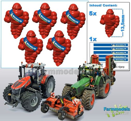 5x Michelin pop/ Bibendum 13.5 mm inclusief 5x MICHELIN SJERP Pr&eacute;-Cut Decals    Resin (FENDT) ROOD Gespoten geleverd 1:32