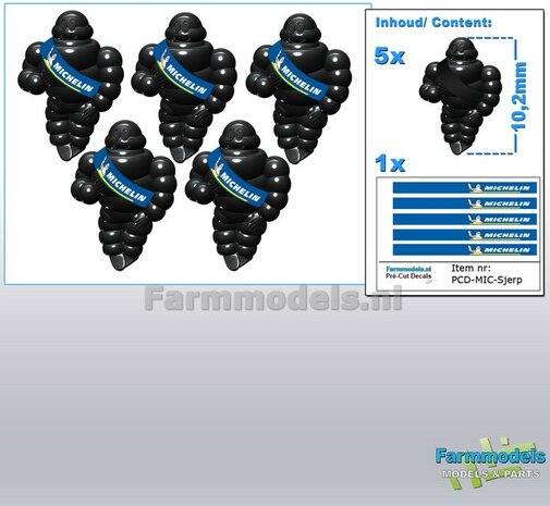 5x Michelin pop/ Bibendum 10.2 mm inclusief 5x MICHELIN SJERP Pr&eacute;-Cut Decals    Resin ZWART GLANS Gespoten geleverd 1:43/ 1:32