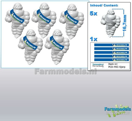 5x Michelin pop/ Bibendum 16.7mm inclusief 5x MICHELIN SJERP Pr&eacute;-Cut Decals    Resin WIT SEMI GLANS Gespoten geleverd 1:32