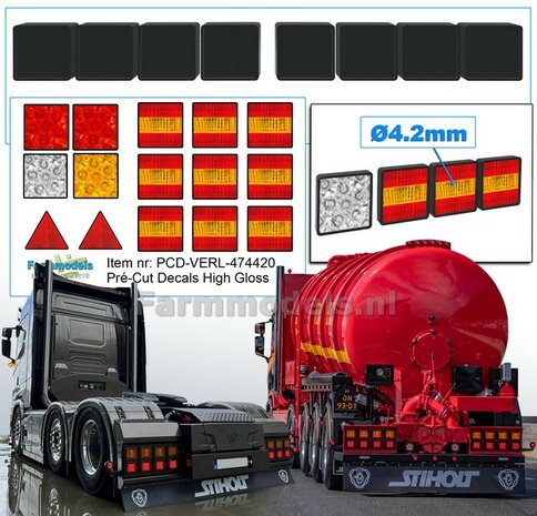 8x ACHTERLICHTEN met ZWART HUIS 4.2 x 4.2mm + 9x HAMBURGER- + 4x Overige Achterlichten + 2x Driehoekreflectors, alles met HIGH GLOSS  1:32 