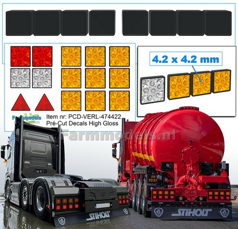 8x ACHTERLICHTEN met ZWART HUIS 4.2 x 4.2mm + 9x ORANJE + 4x Overige Achterlichten + 2x Driehoekreflectors, alles met HIGH GLOSS  1:32 