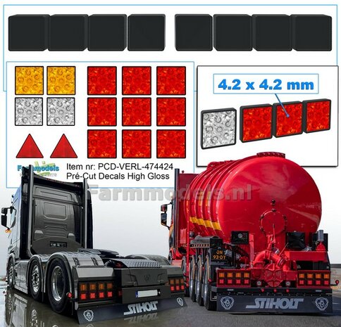 8x ACHTERLICHTEN met ZWART HUIS 4.2 x 4.2mm + 9x RODE + 4x Overige Achterlichten + 2x Driehoekreflectors, alles met HIGH GLOSS  1:32 