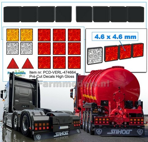 8x ACHTERLICHTEN met ZWART HUIS 4.6 x 4.6mm + 9x RODE + 4x Overige Achterlichten + 2x Driehoekreflectors, alles met HIGH GLOSS  1:32 