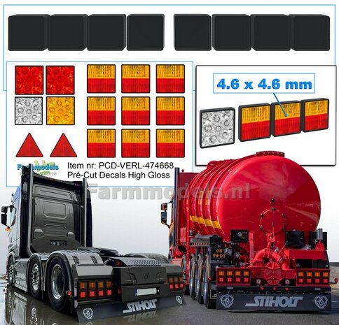 8x ACHTERLICHTEN met ZWART HUIS 4.6 x 4.6mm + 9x ORANJE-ROOD + 4x Overige Achterlichten + 2x Driehoekreflectors, alles met HIGH GLOSS  1:32 