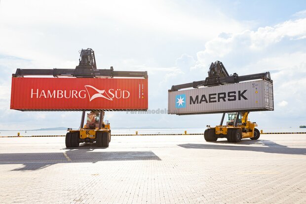 Set Hamburg Sud container logo&#039;s, geschikt voor 20ft container, 1:32 Farmmodels.nl