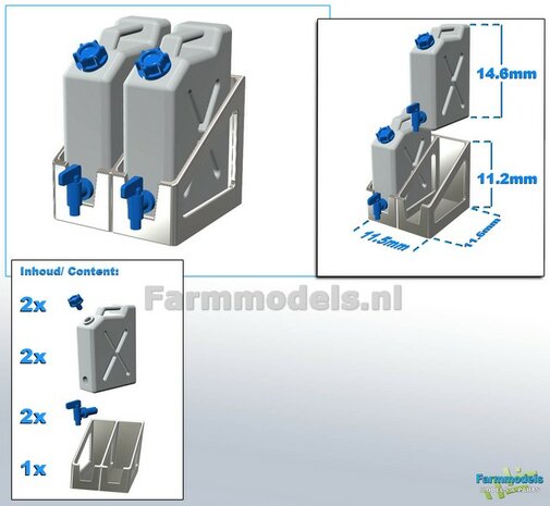 2x WATER JERRYCAN WIT MATT+ DUO OPHANG FRAME ALUMINIUM + losse doppen &amp; losse watertap kraantjes BLAUW  Materiaal RESIN in KLEUR geleverd 1:32