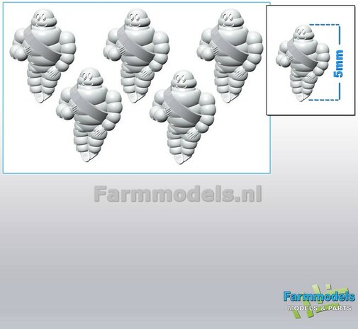 5x Michelin pop/ Bibendum 5 mm  (ook geschikt voor schaal 1:87)   Resin WIT SEMI GLANS Gespoten geleverd 1:32