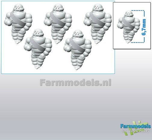 5x Michelin pop/ Bibendum 6.7 mm  (ook geschikt voor schaal 1:64)   Resin WIT SEMI GLANS Gespoten geleverd 1:32