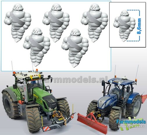 5x Michelin pop/ Bibendum 8.6 mm  (ook geschikt voor schaal 1:50)   Resin WIT SEMI GLANS Gespoten geleverd 1:32