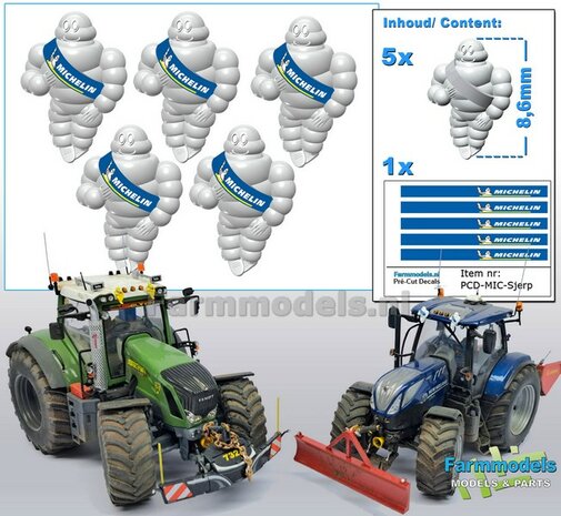 5x Michelin pop/ Bibendum 8.6 mm inclusief 2x MICHELIN SJERP Pr&eacute;-Cut Decals  Resin WIT SEMI GLANS Gespoten geleverd  1:50/ 1:32