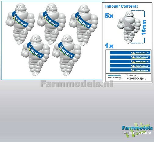 5x Michelin pop/ Bibendum 18 mm inclusief 5x MICHELIN SJERP Pr&eacute;-Cut Decals    Resin WIT SEMI GLANS Gespoten geleverd 1:24/ 1:32