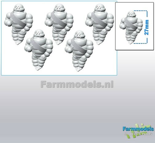 5x Michelin pop/ Bibendum 27 mm (ook geschikt voor schaal 1:16)  Resin WIT SEMI GLANS Gespoten geleverd 1:32