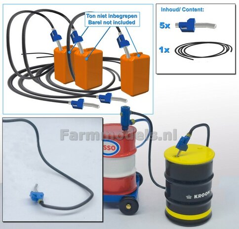 5x BLAUW OLIE/ BRANDSTOF PISTOOL + ZWARTE LEIDING &Oslash;1mm  Resin, VERKEERSBLAUW Gespoten geleverd 1:32