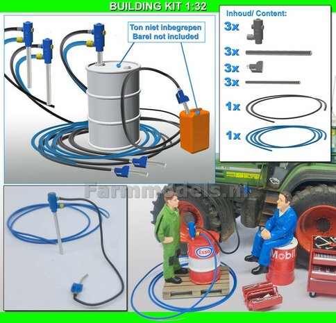 BOUWKIT: 3x OLIE/ BRANDSTOF PISTOOL 3x VLOEISTOF POMP + ZWARTE &amp; BLAUWE LEIDING &Oslash;1mm  RESIN, zelf in de gewenste kleur te zetten 1:32