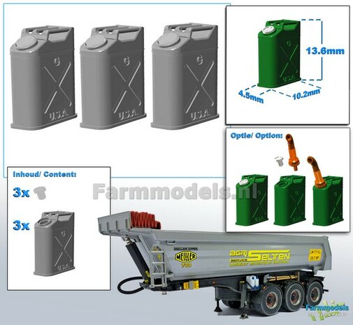 3x USA BRANDSTOF JERRYCAN met 3x losse doppen  RESIN, zelf in de gewenste kleur te zetten 1:32