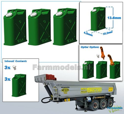 3x USA BRANDSTOF JERRYCAN met 3x losse doppen. Materiaal RESIN IN SS-GROEN/ ALUMINIUM Gespoten kleur geleverd 1:32