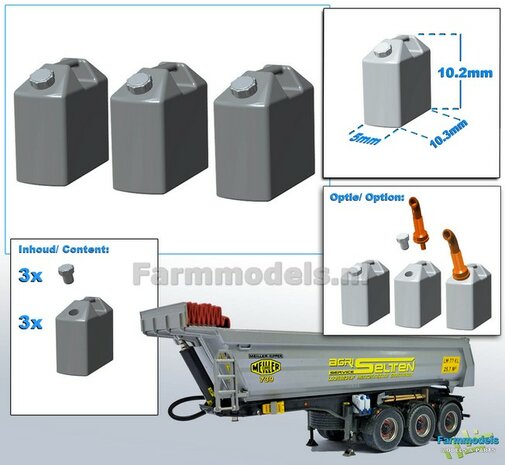 3x (BRANDSTOF) JERRYCAN met 3x losse doppen RESIN, zelf in de gewenste kleur te zetten 1:32