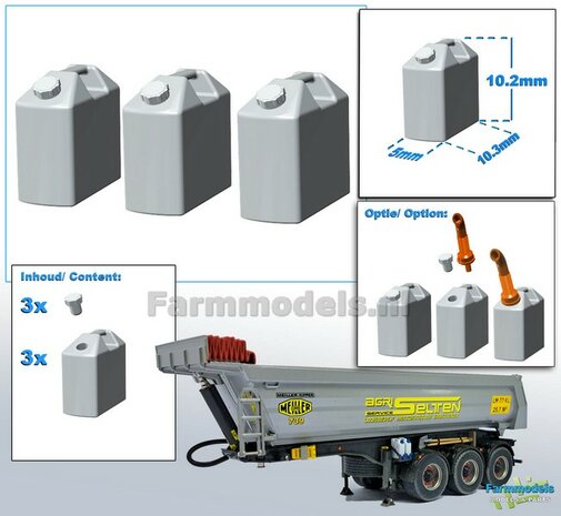 3x (BRANDSTOF) JERRYCAN met 3x losse doppen. Materiaal RESIN IN WIT MATT Gespoten kleur geleverd 1:32