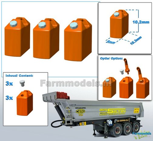 3x (BRANDSTOF) JERRYCAN met 3x losse doppen. Materiaal RESIN IN MATT ORANJE Gespoten kleur geleverd 1:32