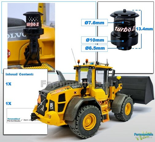 1x TURBO II Precleaner Luchtfilter + STEUN op VOLVO afm.  &Oslash;7.6mm-&Oslash;10mm Inclusief TURBO II Pr&eacute;-Cut Decal sticker 1:32 LEVERBAAR NOVEMBER 2024 