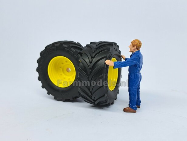 JD 7310R: 2x Vredestein Traxion 750/65 R34 Banden &Oslash; 59.9 x 25.2 mm + KUNSTSTOF Velgen JOHN DEERE GEEL gespoten 1:32 Farmmodels Custom Line Series