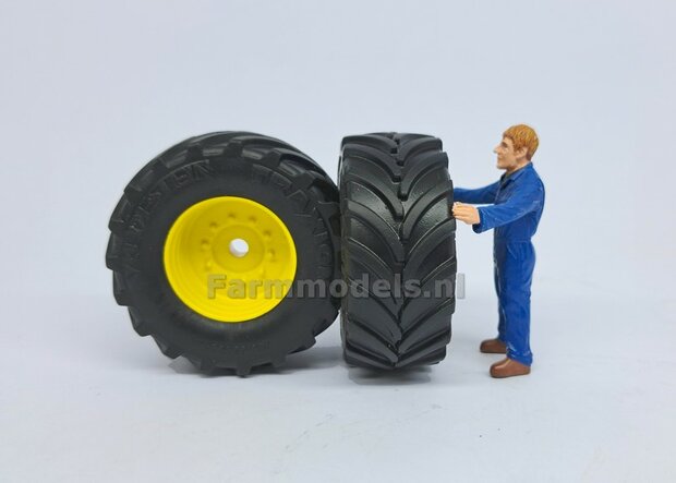 JD 7310R: 2x Vredestein Traxion 750/65 R34 Banden &Oslash; 59.9 x 25.2 mm + KUNSTSTOF Velgen JOHN DEERE GEEL gespoten 1:32 Farmmodels Custom Line Series