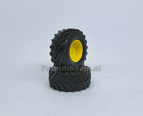 JD 7310R: 2x Vredestein Traxion 750/65 R34 Banden &Oslash; 59.9 x 25.2 mm + KUNSTSTOF Velgen JOHN DEERE GEEL gespoten 1:32 Farmmodels Custom Line Series