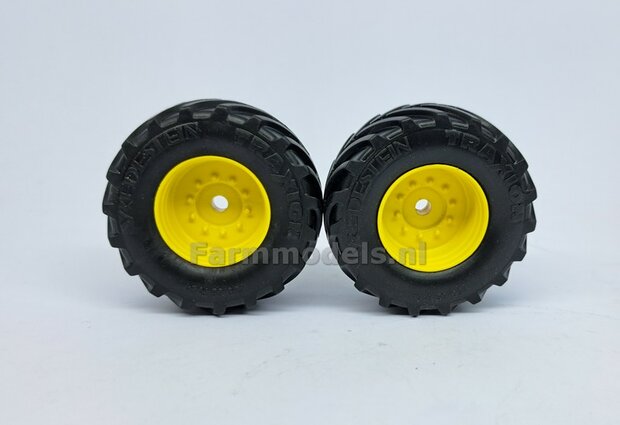 JD 7310R: 2x Vredestein Traxion 750/65 R34 Banden &Oslash; 59.9 x 25.2 mm + KUNSTSTOF Velgen JOHN DEERE GEEL gespoten 1:32 Farmmodels Custom Line Series