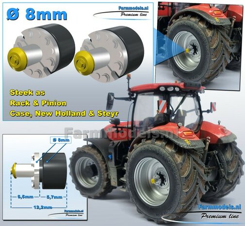 2x  CASE-NH-STEYR STEEK-ASSEN   &Oslash; 8mm t.b.v. ACHTERAS ALUMINIUM+ZWART+GEEL Gespoten Geleverd  1:32  Farmmodels Premium Line Series