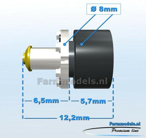 2x  CASE-NH-STEYR STEEK-ASSEN   &Oslash; 8mm t.b.v. ACHTERAS ALUMINIUM+ZWART+GEEL Gespoten Geleverd  1:32  Farmmodels Premium Line Series