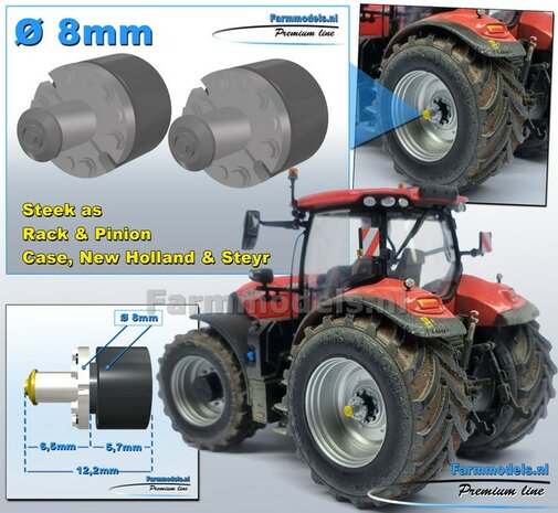 2x  CASE-NH-STEYR STEEK-ASSEN   &Oslash; 8mm t.b.v. ACHTERAS RESIN BLANK Geleverd  1:32  Farmmodels Premium Line Series