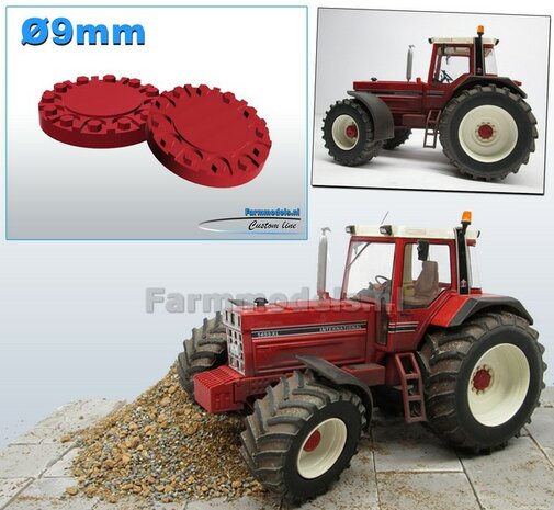 2x Afdekplaat t.b.v. (Achteras-) Velg &Oslash; 9 mm  Materiaal Resin: INTERNATIONAL HARVESTER ROOD Gespoten geleverd 1:32