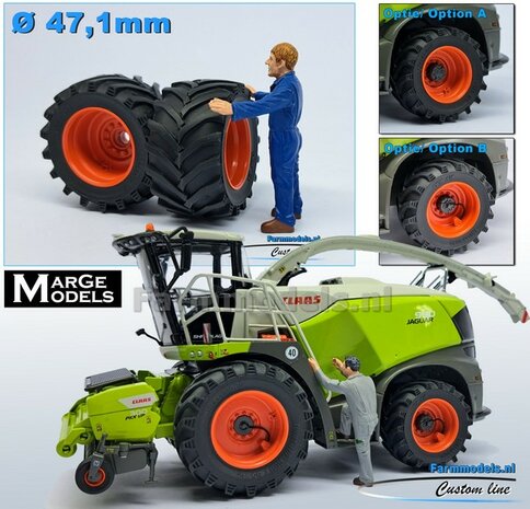 CLAAS Jaguar 900 Serie MargeModels: 2x Trelleborg Banden &Oslash; 47.1 mm met Resin Velgen CLAAS ORANJE Gespoten  1:32   Farmmodels Custom Line Series  