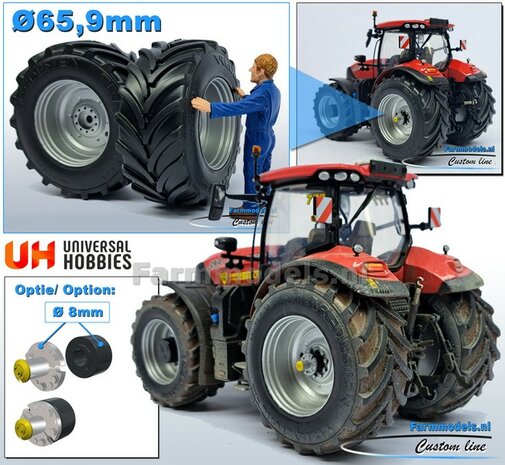 CASE IH PUMA 260 UH: 2x Brede Banden &Oslash; 65.9 x 29.2 mm + ALU. Velgen ALUMINIUM METALIC Gespoten 1:32 Farmmodels Custom Line Series  