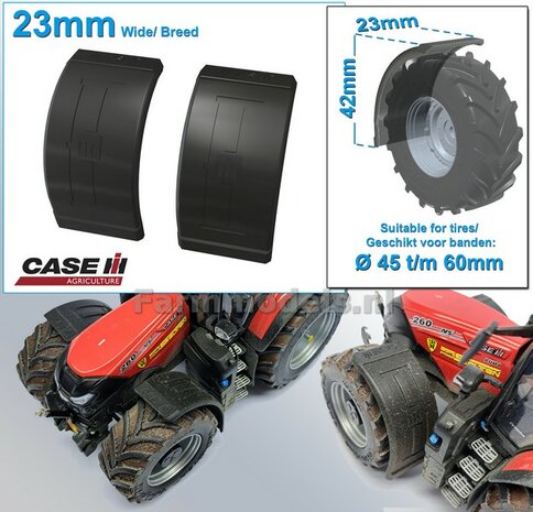 2x CASE IH spatborden 23 mm breed ZONDER STEUNEN Resin in ZWART RUBBER COMPOUND Gespoten geleverd 1:32