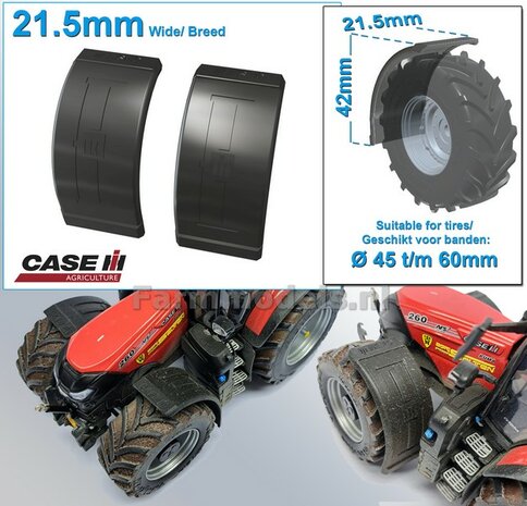 2x CASE IH spatborden 21.5 mm breed ZONDER STEUNEN Resin in ZWART RUBBER COMPOUND Gespoten geleverd 1:32