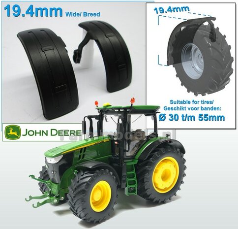 2x originele Zwarte spatborden 19.4 mm breed (Origineel item John Deere 7310 Wiking) universeel te gebruiken 1:32