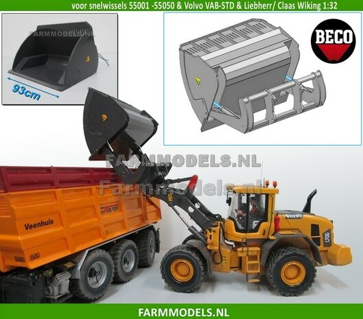 BOUWKIT: BECO Hoogkiepbak 93mm / Volume bak BOUWKIT geschikt voor o.a. snelwissel koppeling 510005 t/m 510095 &amp; Volvo VAB-STD van AT &amp; Claas Torion/ Liebherr L 556 van Wiking modellen1:32 (HTD)